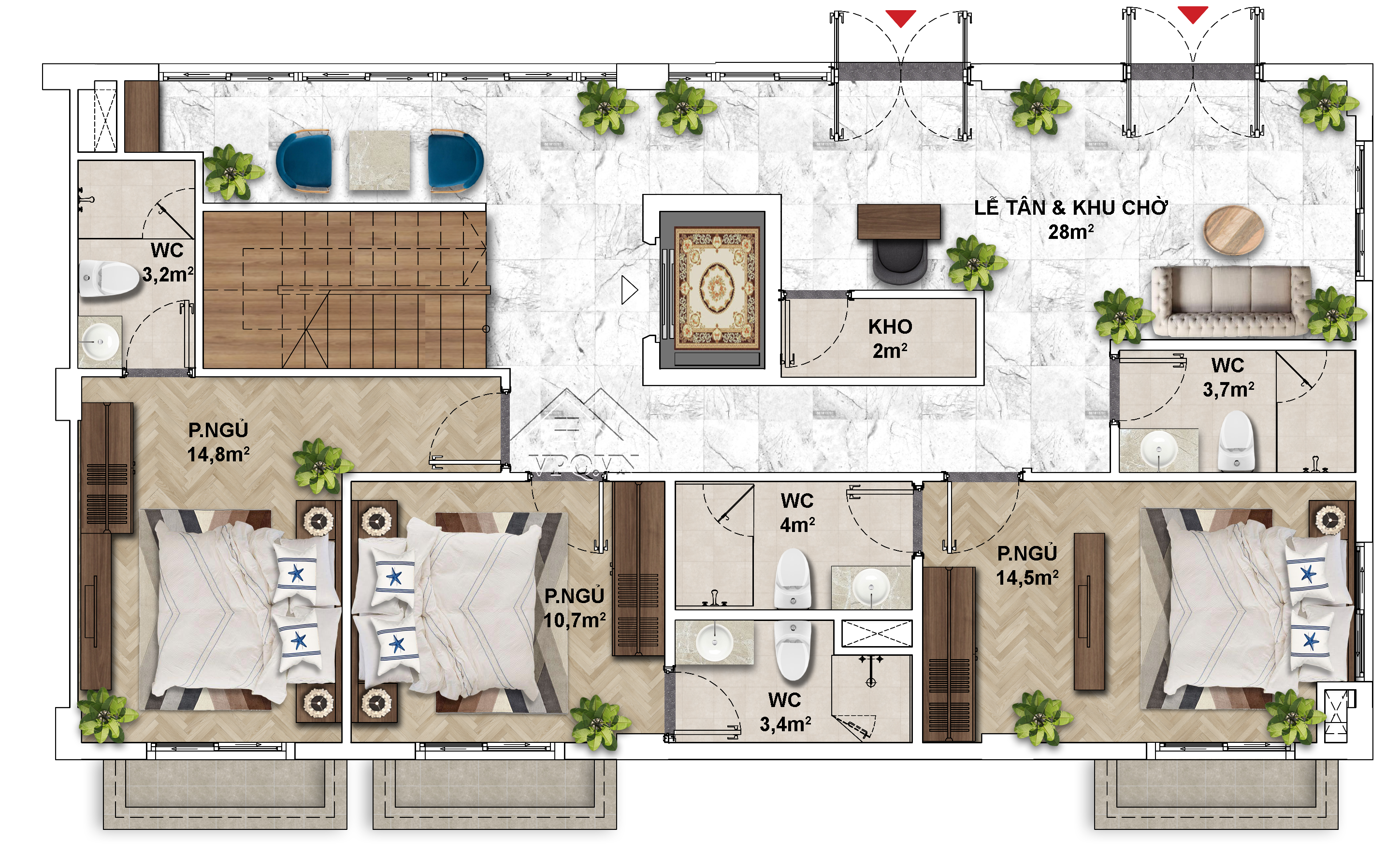 Layout thiết kế Shophouse The Center Ph&uacute; Quốc mặt tiền 15mx8 - Tầng 2